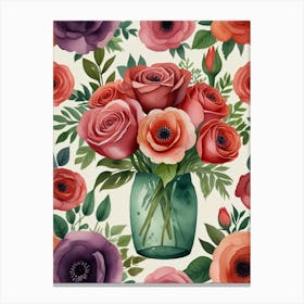 Watercolor Roses In A Vase Canvas Print