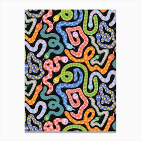 Happy Snakes Black - Bright Rainbow Textured Snakes Kids Canvas Print