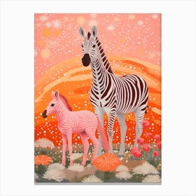 Zebra Mother & Calf Pink & Orange 3 Canvas Print