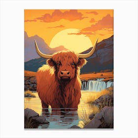 Brown Hairy Highland Cow In The Sunset 1 Canvas Print