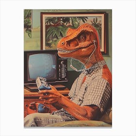 Retro Collage Dinosaur Playing Video Games 2 Canvas Print