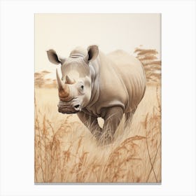 Vintage Rhino Illustration In The Grass 3 Canvas Print