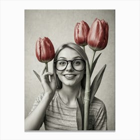 Young Woman With Glasses And Tulips Canvas Print