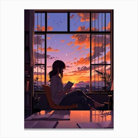 Anime Girl Reading At Sunset Canvas Print