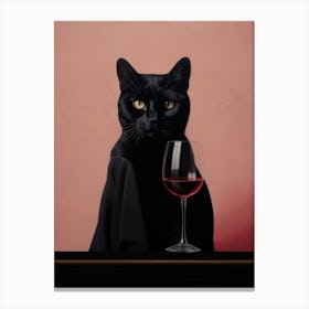 A Black Cat With A Wine Glass Painting Canvas Print