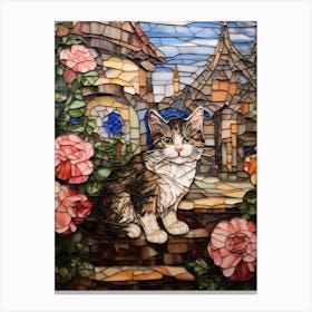 Mosaic Of A Cat & Pink Flowers In Front Of A Medieval Village Canvas Print