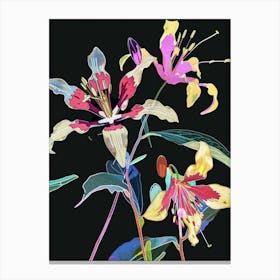 Neon Flowers On Black Columbine 4 Canvas Print