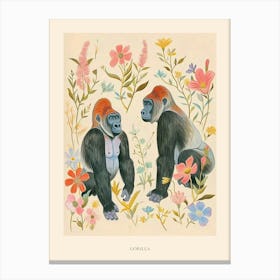 Folksy Floral Animal Drawing Gorilla 7 Poster Canvas Print