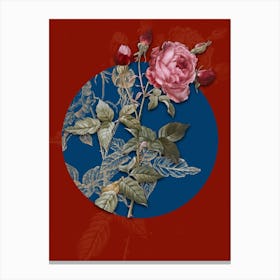 Vintage Botanical Provence Rose on Circle Blue on Red n.0179 Canvas Print