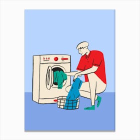 Man Washing Clothes In A Washing Machine Canvas Print