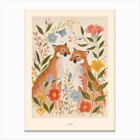 Folksy Floral Animal Drawing Puma 3 Poster Canvas Print