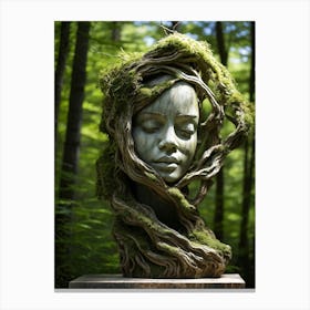 Sculpture Featuring Weathered Furrowed Face Textured With Strands Of Grass Knots Of Wood Nestled Canvas Print