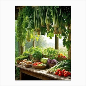 A Tranquil Domestic Garden Overflowing With Vibrant Vegetables Gleaming Tomatoes Peep From The Le (1) Canvas Print