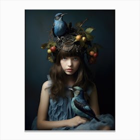 Girl With Birds On Her Head Canvas Print