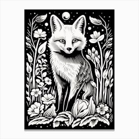 Fox In The Forest Linocut Illustration 4  Canvas Print