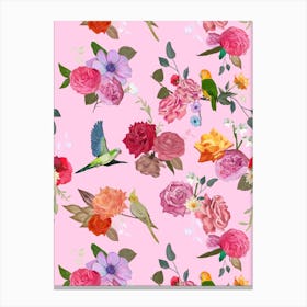 Roses Birds Pink Canvas Print