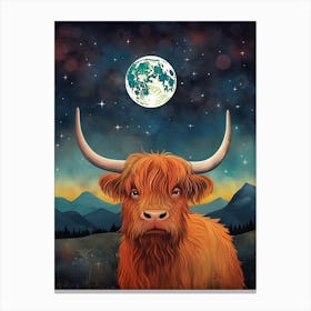 Highland Cow In Moonlight Textured Illustration 2 Canvas Print