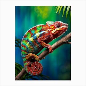 Chameleon Clinging To A Thin Branch Vibrant Photorealistic Scales Flaunting A Spectrum Of Colors B Canvas Print