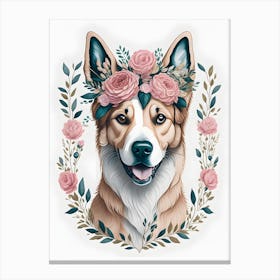 Cyte Dog Portrait Pink Flowers Painting (2) Canvas Print