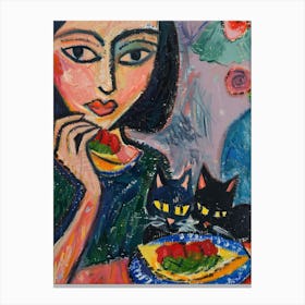 Portrait Of A Woman With Cats Eating Tacos Canvas Print