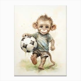 Monkey Painting Playing Soccer Watercolour 1 Canvas Print