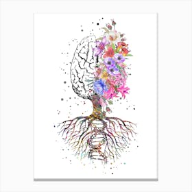 Brain Tree Watercolor With Flowers DNA Rot Canvas Print