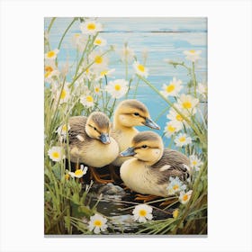 Ducklings With The Flowers Japanese Woodblock Style 2 Canvas Print