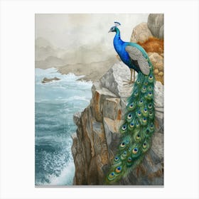 Peacock On A Cliff Edge Watercolour 3 Canvas Print
