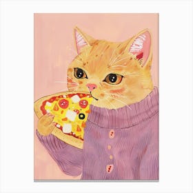 Brown Cat Pizza Lover Folk Illustration 4 Canvas Print