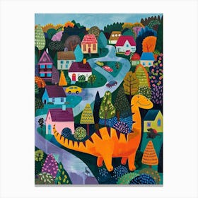 Cute Colourful Dinosaur In A Village 4 Canvas Print