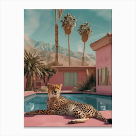 Paul Fuentes Style, 1960s Palm Desert California, Pool, Mountain View, Palms, Cheetah Lies Near The Pool , Soft Pink And Turquoise Beautiful Lighting, Professional Photo, Beautiful Lighting, Realistic Renderings, Detailed, Ultra Real Leinwandbild