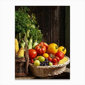 Assorted Vegetables And Fruits From A Fresh Farm Harvest Arranged In A Rustic Wicker Basket Overfl (4) Canvas Print