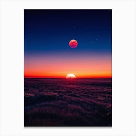 A Sweeping Panorama Of An Evening Sky Blood Red With The Setting Sun Transitions Into A Serene Moon (5) Canvas Print