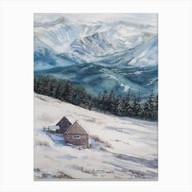 Landscape Watercolor Winter In The Capethians Mountain Canvas Print