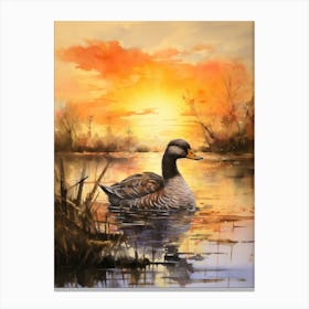 Duck Swimming In The Lake At Sunset Watercolour 3 Canvas Print