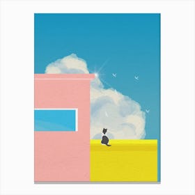 Minimal art Pink and yellow building with Cat On A Roof Canvas Print