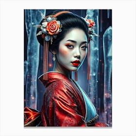 Geisha In Red Kimono . Ice Crystal Background Canvas Print