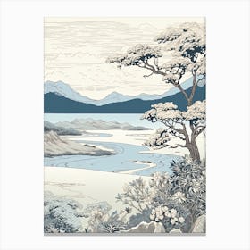 Shiretoko Peninsula In Hokkaido, Ukiyo E Black And White Line Art Drawing 3 Canvas Print