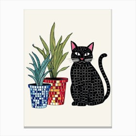 Black Cat With Potted Plants Canvas Print