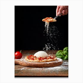 A Hand Stretching A Glistening Ball Of Pizza Dough Mid Action Flour Dusting In The Air From A Woode (5) Canvas Print