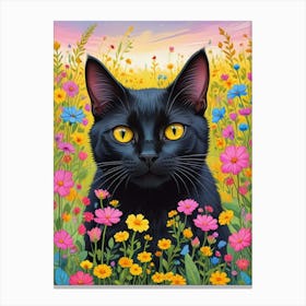 Quirky Cat In A Flower Field Art Print (5) Canvas Print