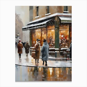 Paris cafes, winter season, Christmas, autumn oil colors, pale colors, pedestrians in the street, winter clothes, falling snow.6 1 Canvas Print