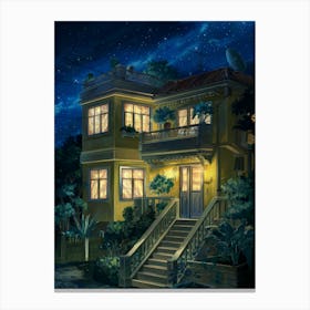 Anime Canvas Art: Cozy Yellow House at Night with Glowing Windows and Starry Sky, Perfect for Lofi Aesthetic and Tranquil Urban Decor Fans. Canvas Print