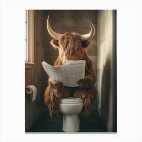 Highland Cow Sitting On A Toilet, Reading A Newspaper Canvas Print