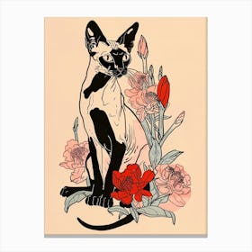 Cute Siamese Cat With Flowers Illustration 2 Canvas Print