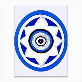 Dharma Wheel, Symbol, Third Eye Blue & White 4 Canvas Print