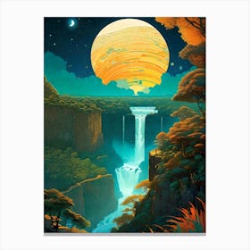 Waterfall Moon In The Jungle - Trippy Abstract Cityscape Iconic Wall Decor Visionary Psychedelic Fractals Fantasy Art Cool Full Moon Third Eye Space Sci-fi Awesome Futuristic Ancient Paintings For Your Home Gift For Him Canvas Print