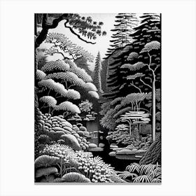 Portland Japanese Garden, 1, Usa Linocut Black And White Vintage Canvas Print