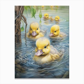 Ducklings Swimming In The River Pencil Illustration 1 Canvas Print