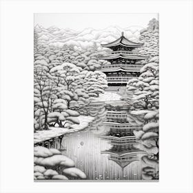 Kinkaku Ji (Golden Pavilion) In Kyoto, Ukiyo E Black And White Line Art Drawing 1 Canvas Print